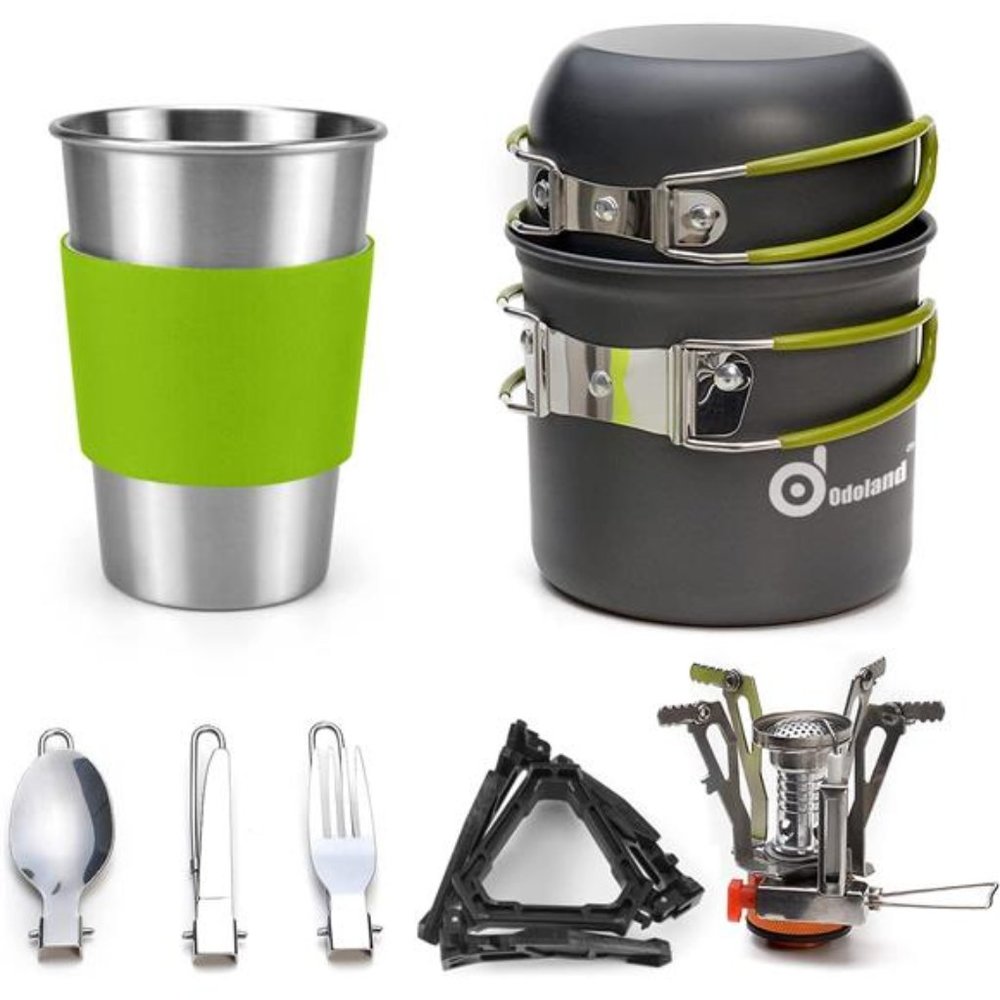 Camping Cookware Stove Carabiner Canister Stand Tripod and Stainless Steel Cup